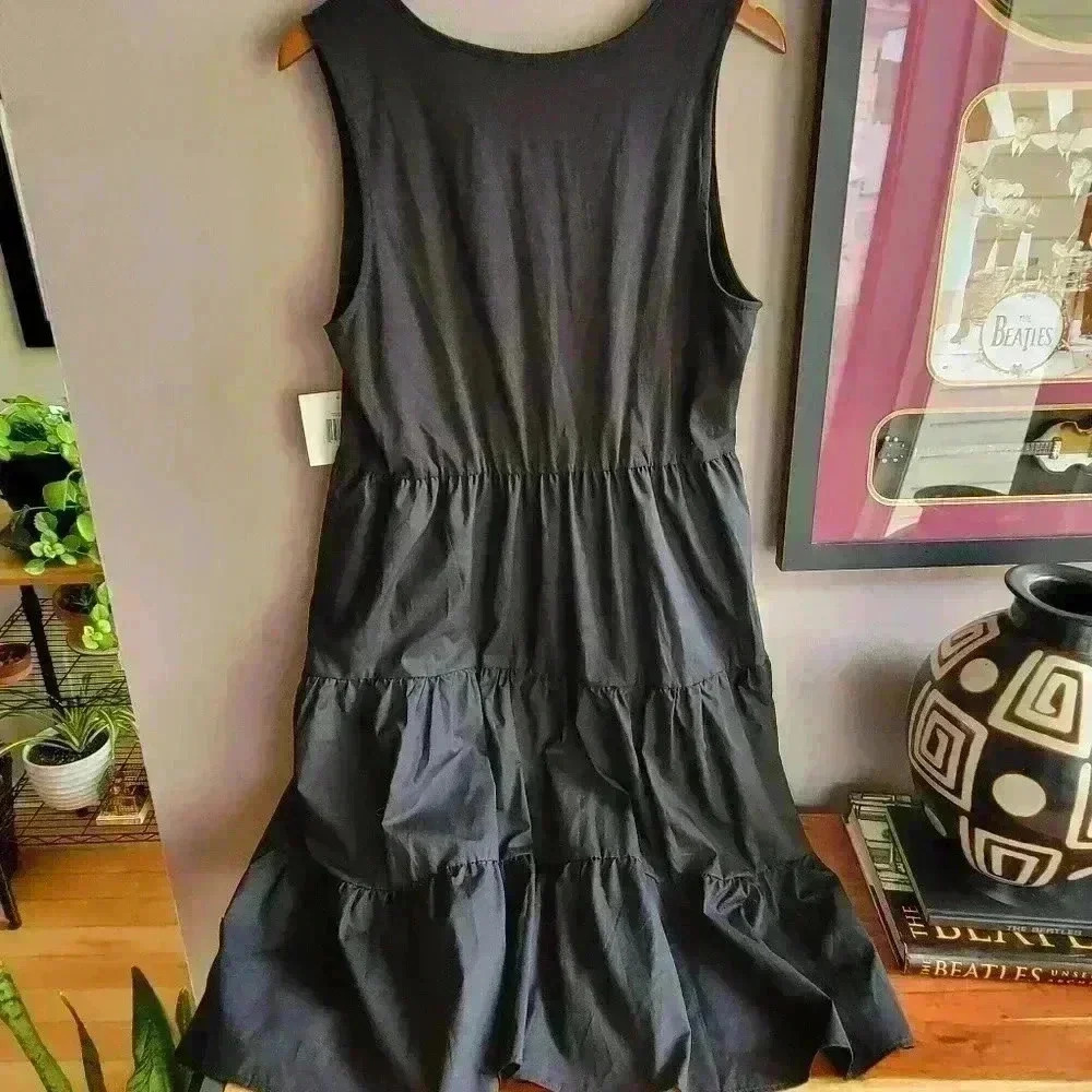 Ellen Tracy Midi Women's Dress Large Flare Black Sleeveless Cotton Polyester New - Picture 3 of 6